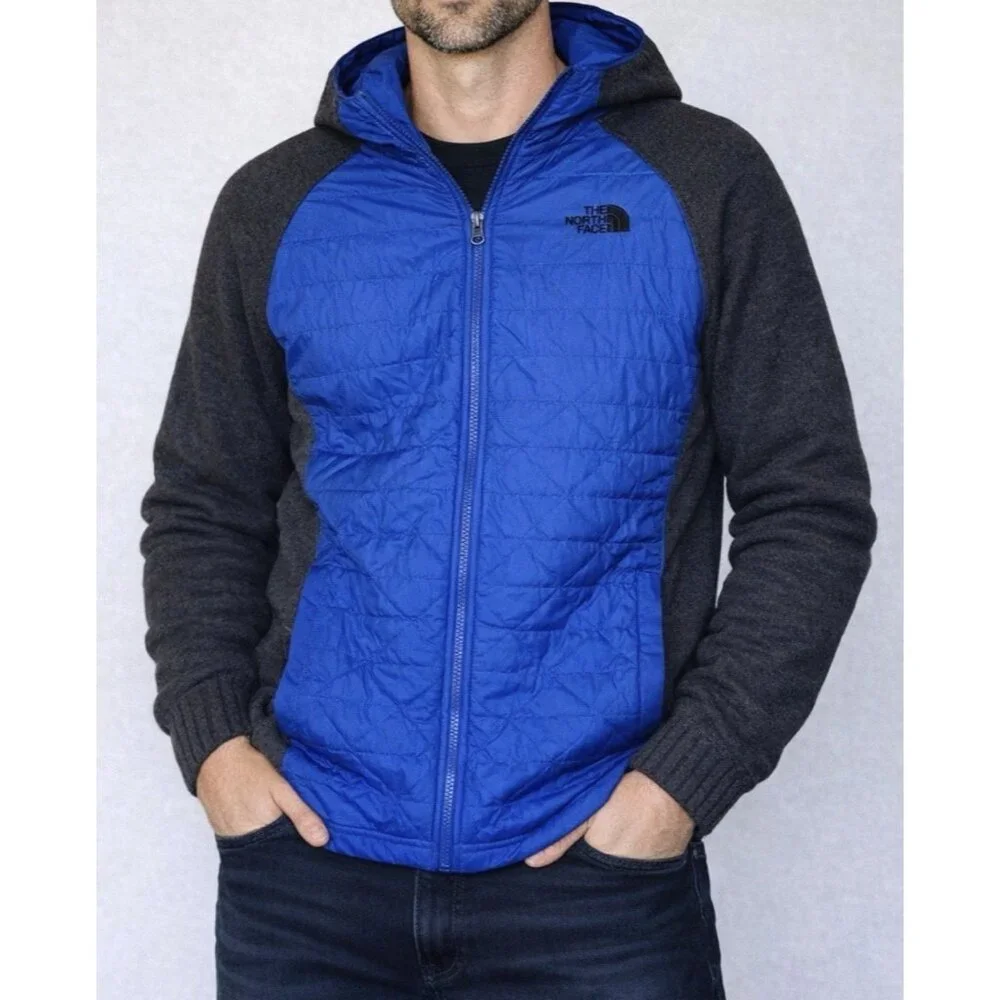 The North Face Blue Black Quilted Fleece Hooded Jacket Young Men Boy 18-20 Sz XL